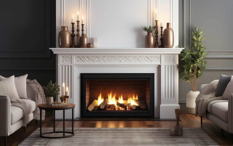 beautiful fireplace with two couches and a table around it